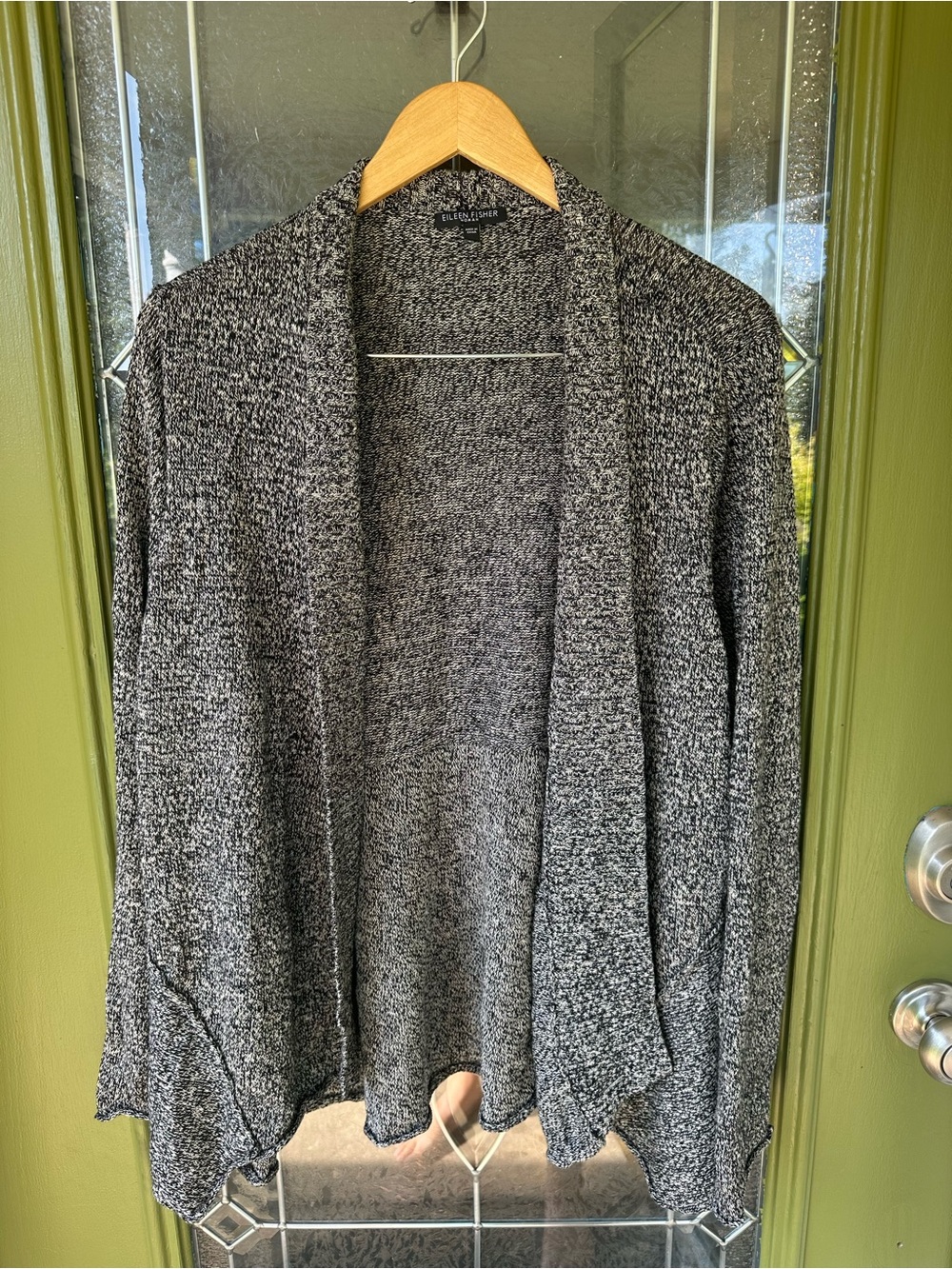 Eileen fisher 2XL black white woven linen wool open front cardigan rolled hem